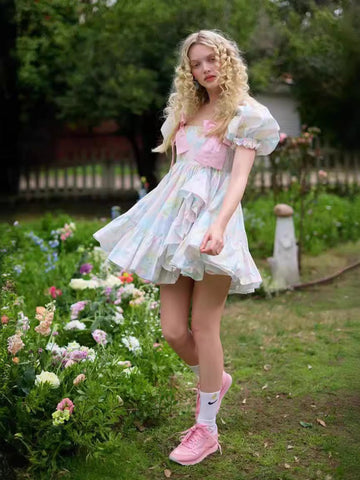 Summer New Square Collar Bubble Sleeve Bow Tie With Belt Print Short Dress Woman